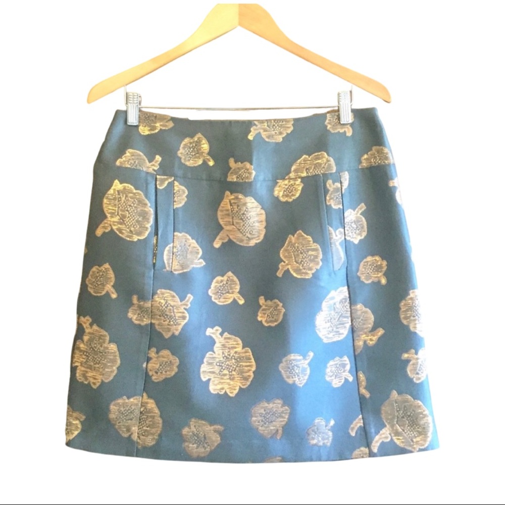 Ann Taylor Teal A-Line Skirt with Metallic Gold Floral Jacquard